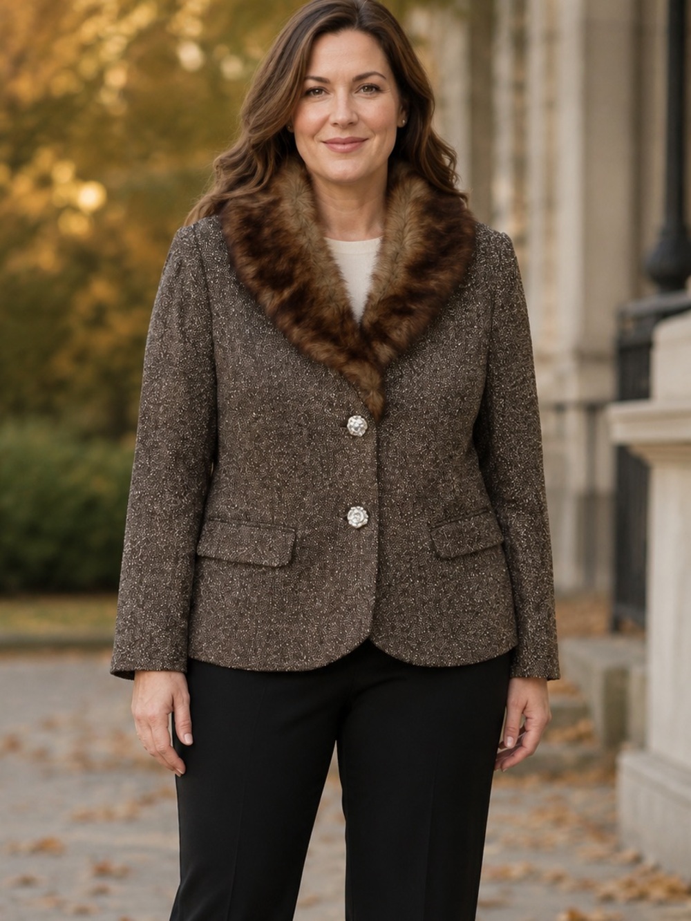 Black Rivet Wool Blend Tweed Blazer Faux Fur Collar